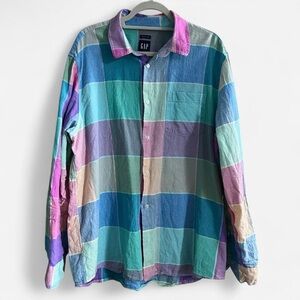 Gap Men’s Linen/Cotton Blend Button Down Shirt in Easter Plaid (XL)